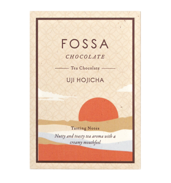 The front of a wrapped Uji Hojicha Tea Chocolate bar from Fossa against a white background