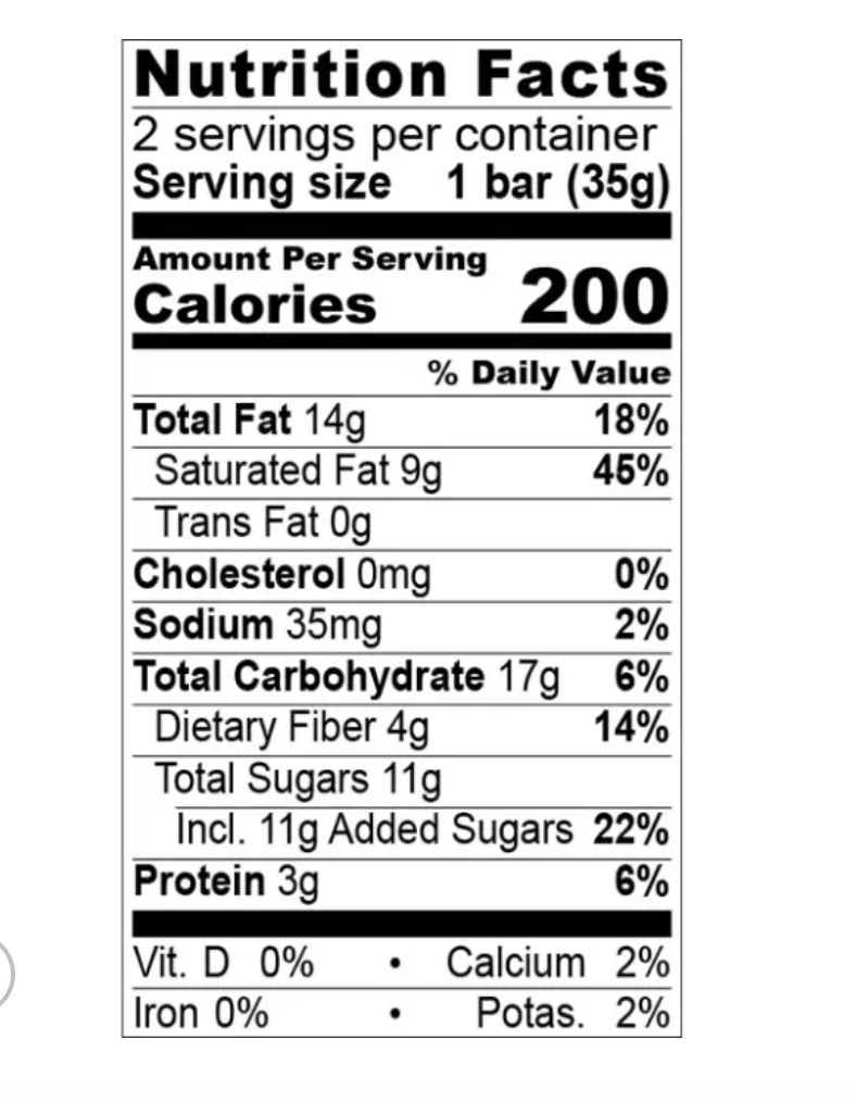 Nutrition facts for Togo 68% bar from Zotter against a white background