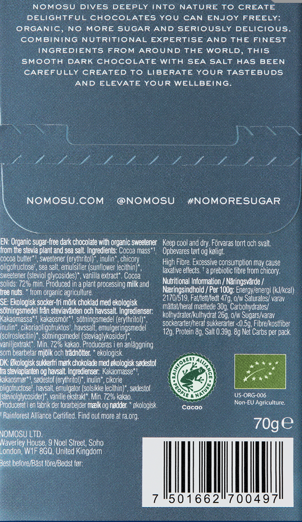 Nutrition facts and ingredients for 72% Dark Sea Salt bar from Nomosu