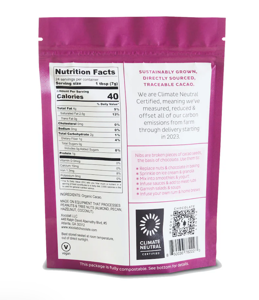 Nutrition facts and ingredients for Roasted Cacao Nibs from Xocolatl against a white background