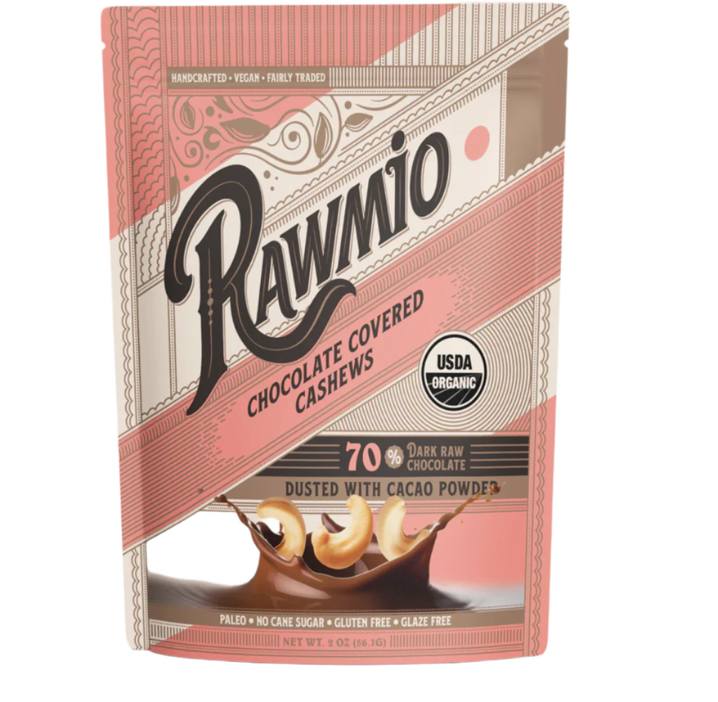 The front of the packaging for Chocolate Covered Cashews from Rawmio against a white background
