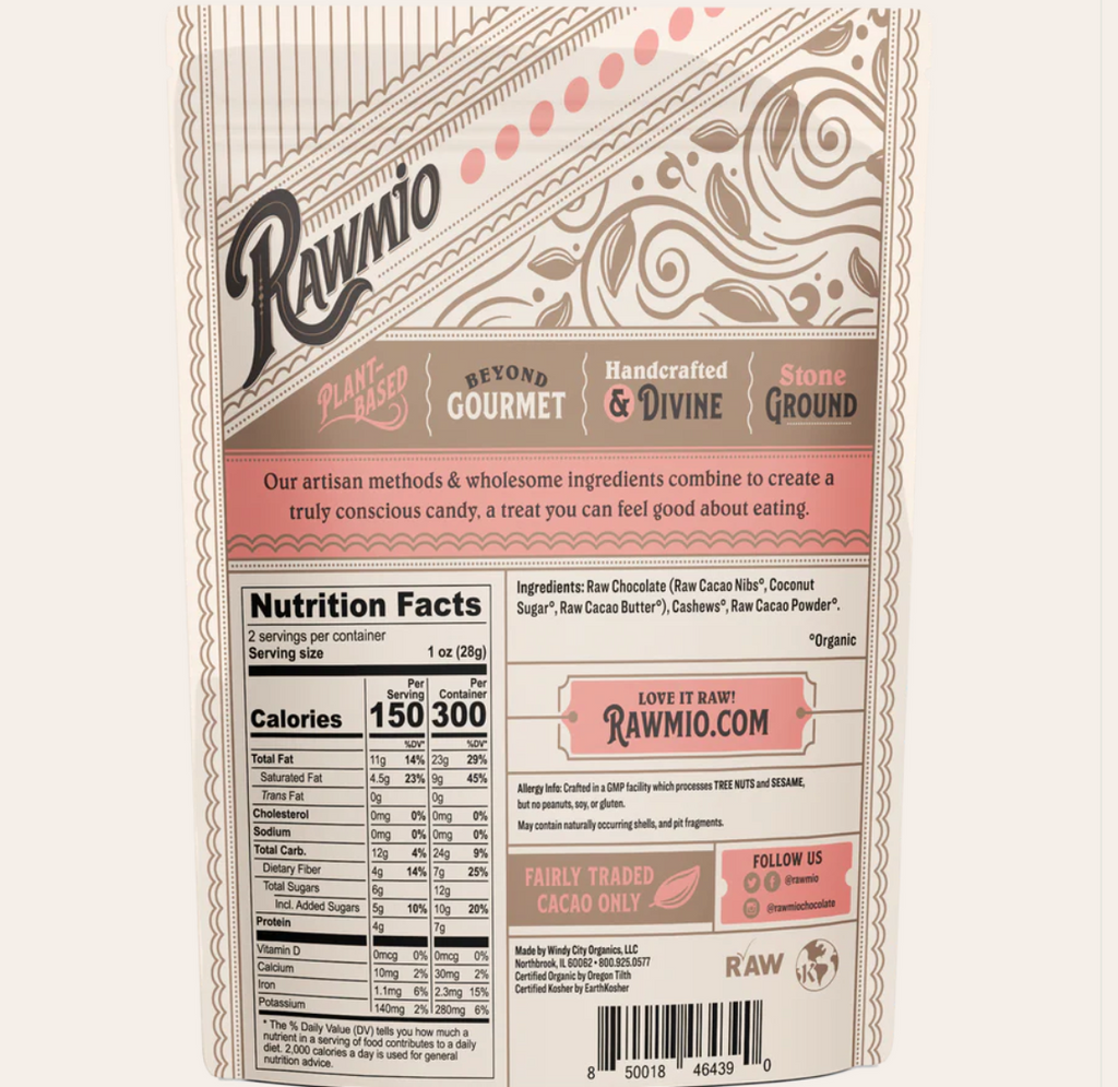 Nutrition facts and ingredients for Chocolate Covered Cashews from Rawmio against an off-white background