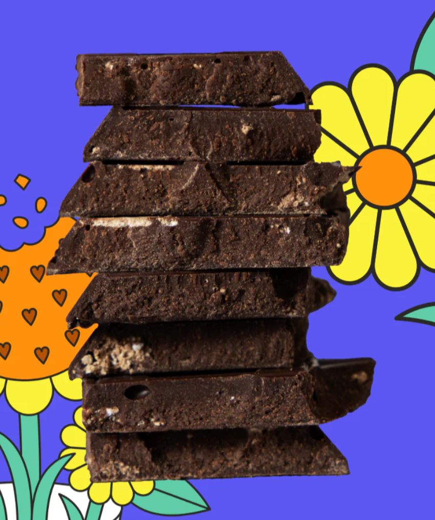 Stack of dark chocolate bars with colorful floral illustrations on a blue background