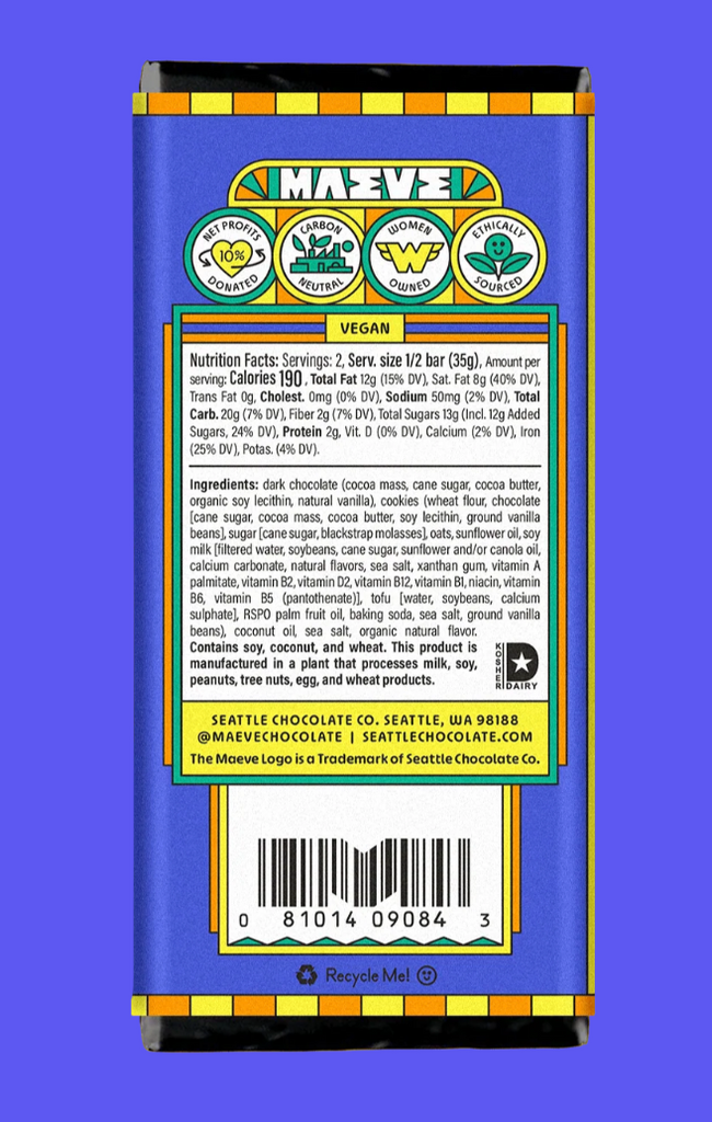 Maeve chocolate bar packaging with nutritional information and branding on a blue background