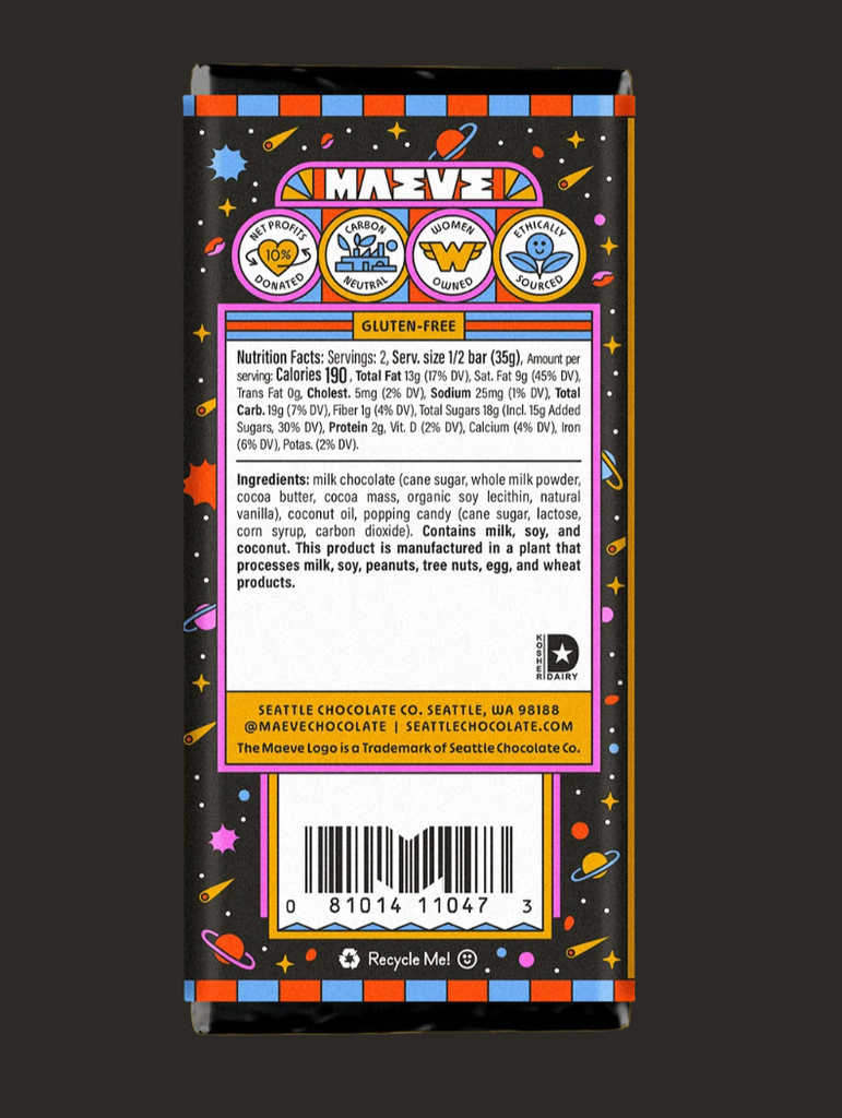 Nutrition facts and ingredients for Moon Rocks Truffle Bar bar from Maeve Chocolate against a dark background