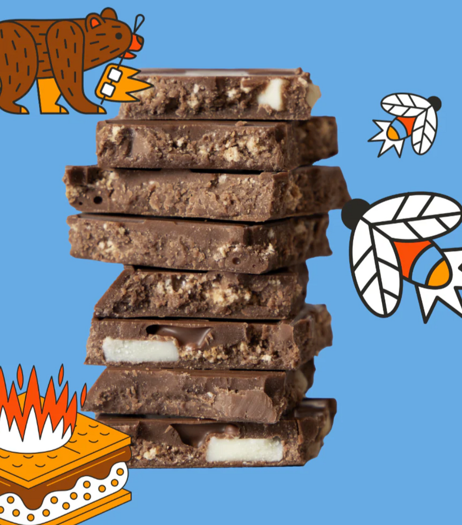 A stack of unwrapped Campers' S'Mores Truffle Bars against a blue background with s'mores and nature graphics