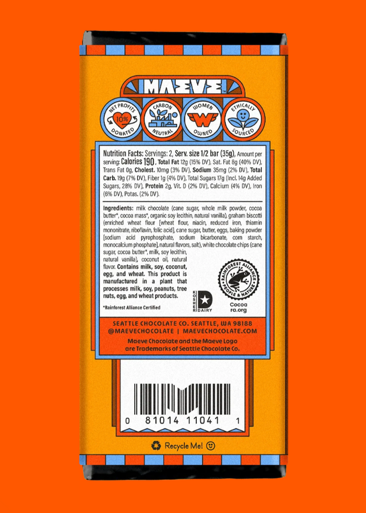 Nutrition facts and ingredients for Campers' S'Mores Truffle Bar from Maeve Chocolate against an orange background
