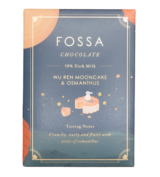 The front of a wrapped Wu Ren Mooncake & Osmanthus 58% Dark Milk bar against a white background from Fossa