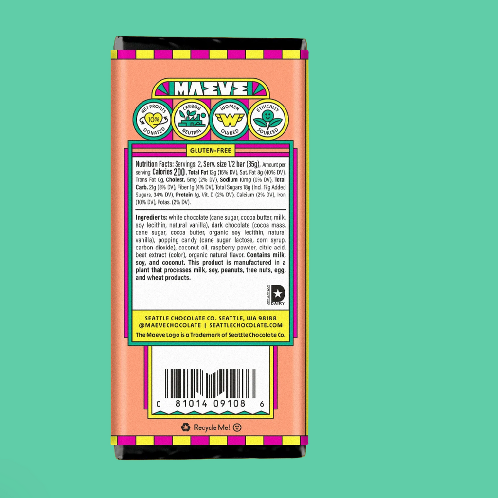 Nutrition facts and ingredients for Sip Sip Hooray bar from MAEVE Chocolate against a green background