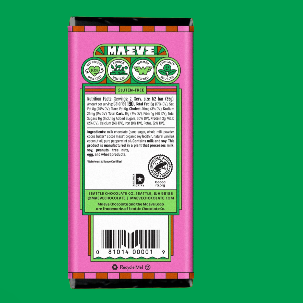 Pink chocolate bar packaging with green text and nutrition label on a green background