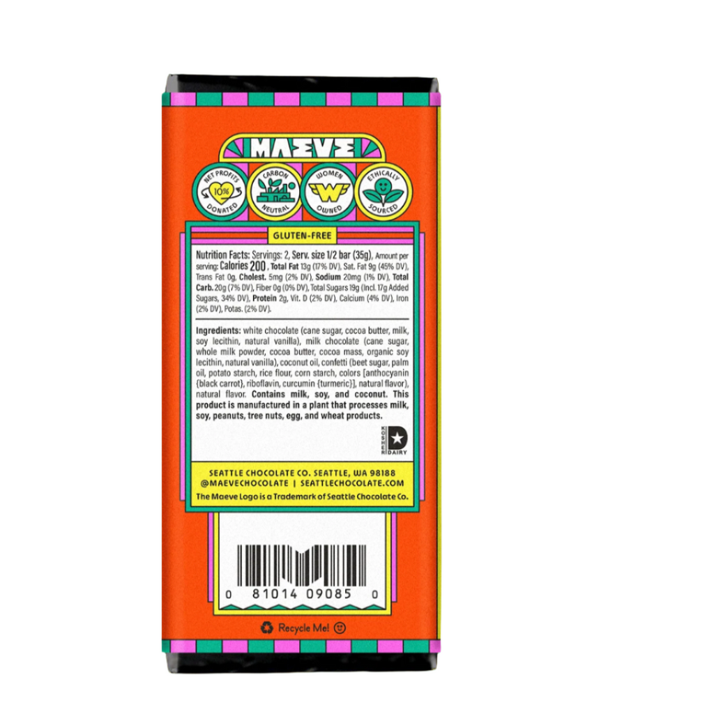 Nutrition facts and ingredients for Happy Birthday Truffle Bar bar from MAEVE Chocolate against a white background