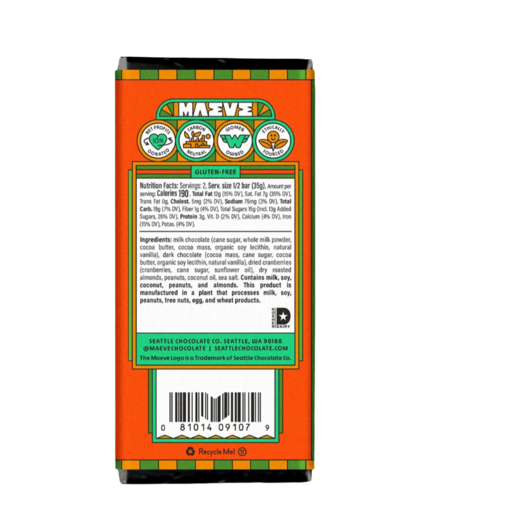 Nutrition facts and ingredients for Nuts for Fruit bar from MAEVE Chocolate against a white background