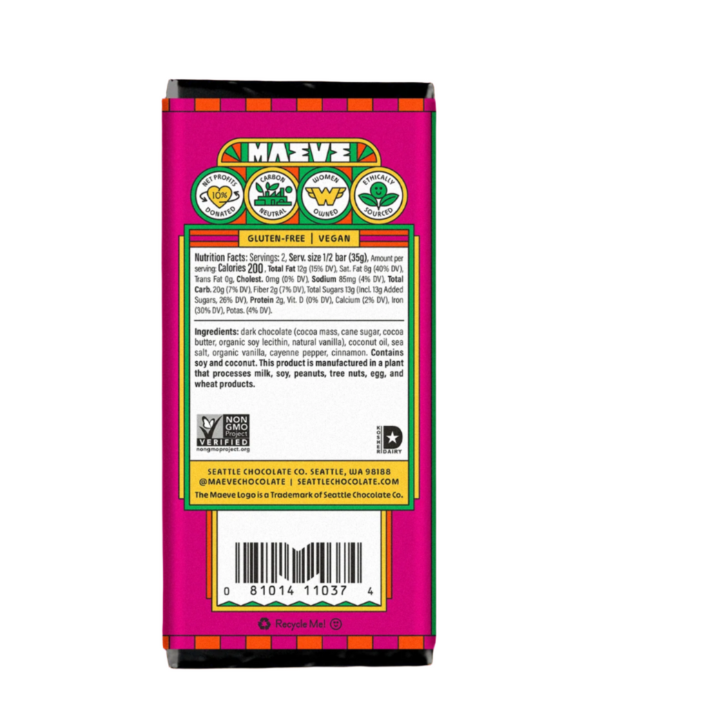 Nutrition facts and ingredients for Mexican Hot Chocolate Truffle Bar from MAEVE Chocolate against a white background