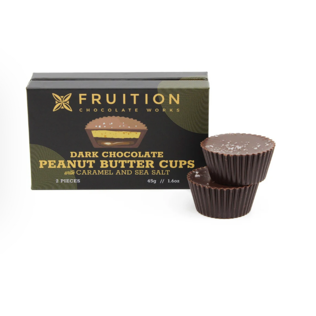 Dark Chocolate Caramel Peanut Butter Cups from Fruition Chocolate against a white background