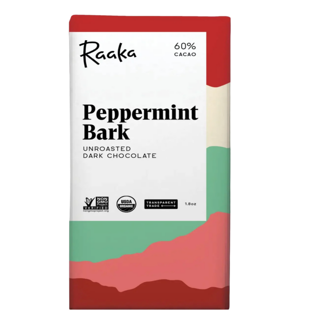 Raaka Peppermint Bark chocolate bar packaging with red and green design on a white background