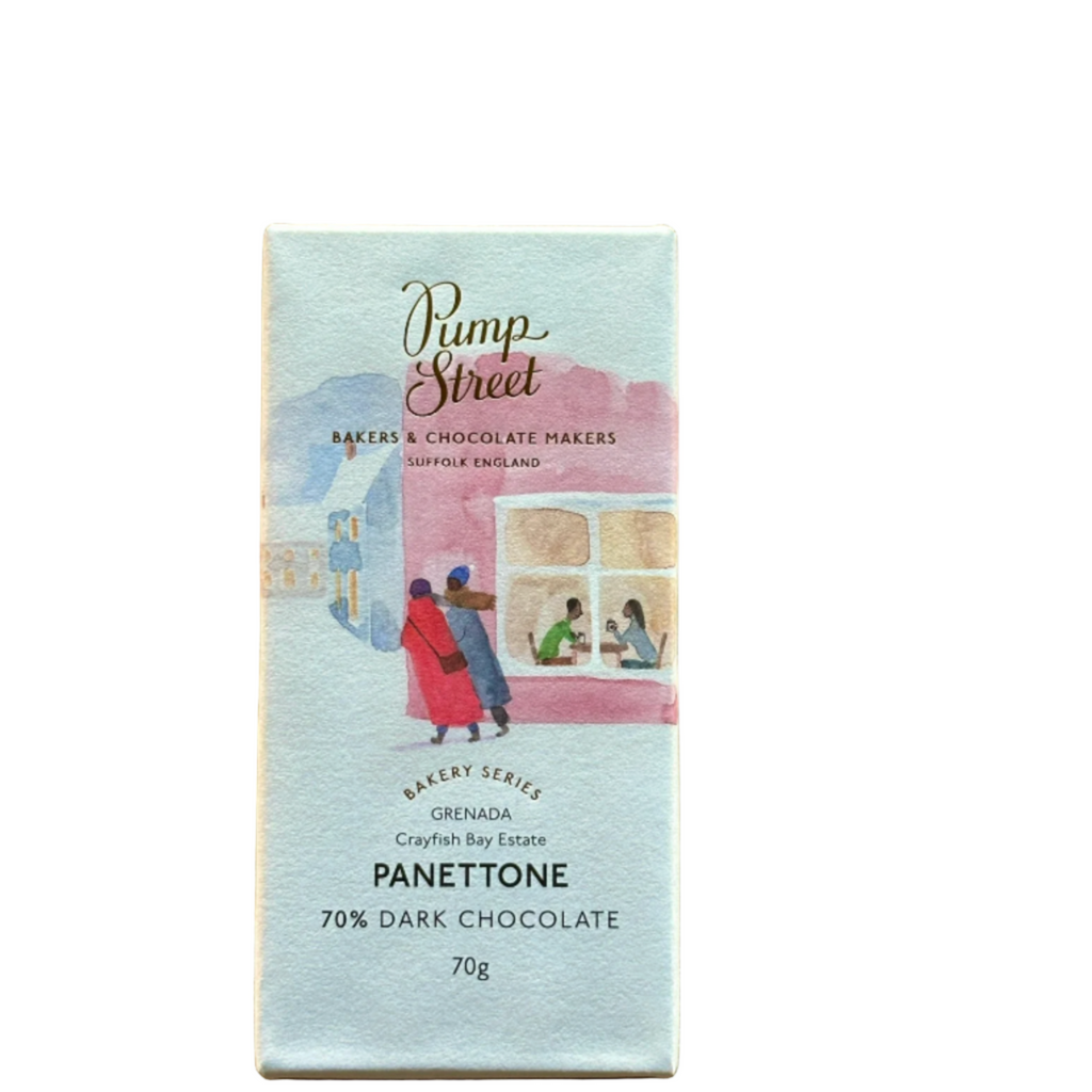 Pump Street Panettone 70% Dark Chocolate bar on a white background