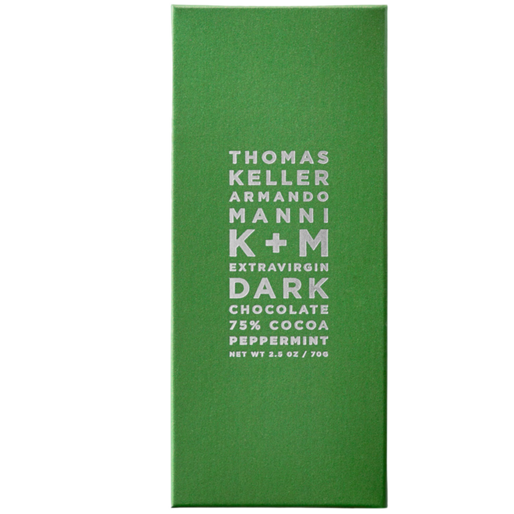K+M Peppermint Dark Chocolate Bar (Winter Seasonal), 2.5oz bar packaging against a white background