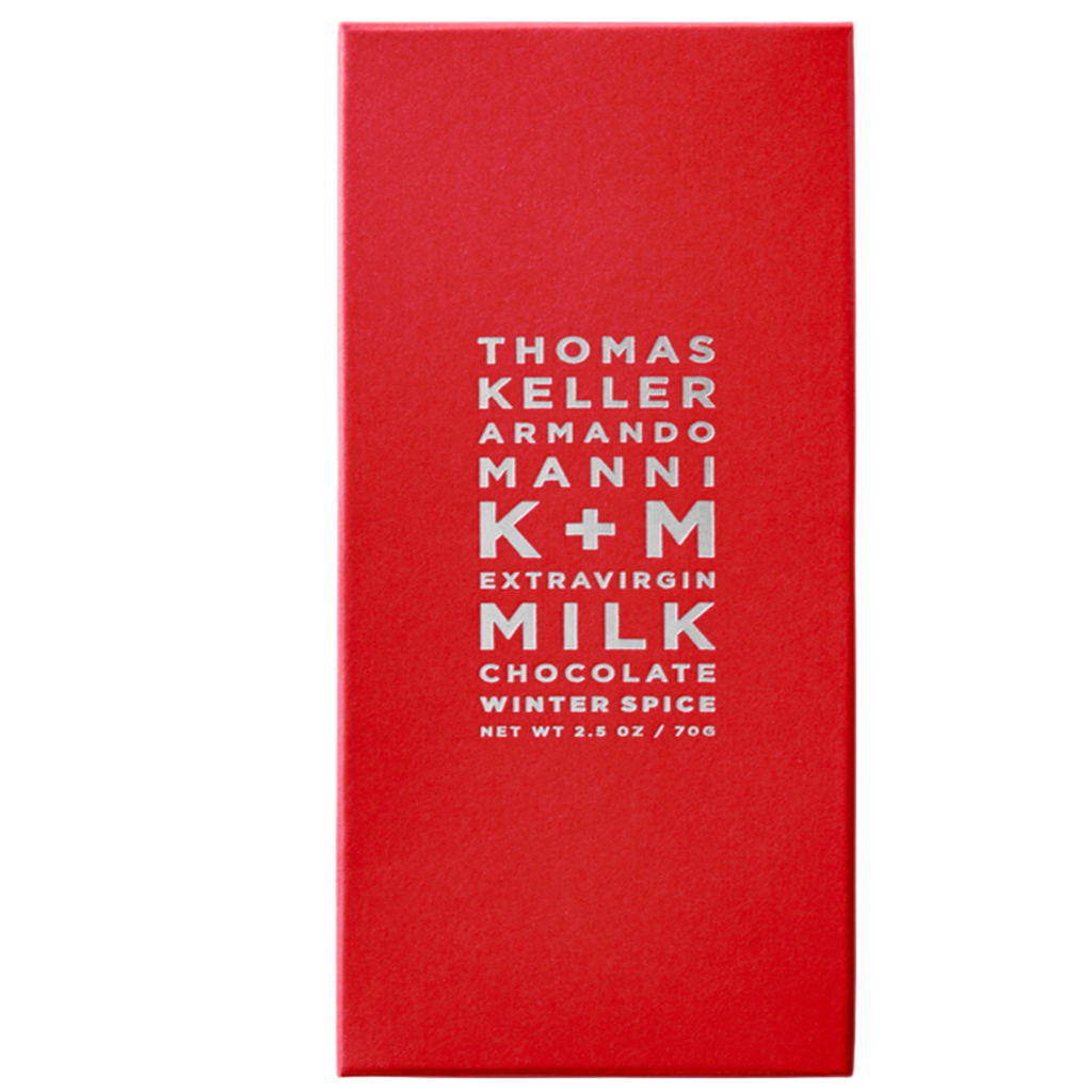 K+M Extravirgin Winter Spice Milk Chocolate, 2.5oz packaging against a white background