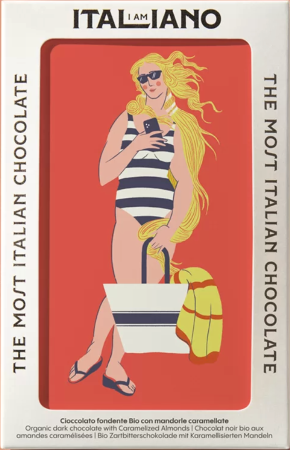 I am Italiano Organic Dark Chocolate with Caramelized Almonds (Pandoro) packaging against a white background