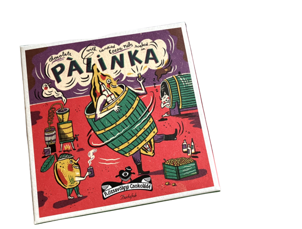  Rozsavolgyi Chocolate with/ Candied Cacao Nibs in Palinka 73% packaging against a white background
