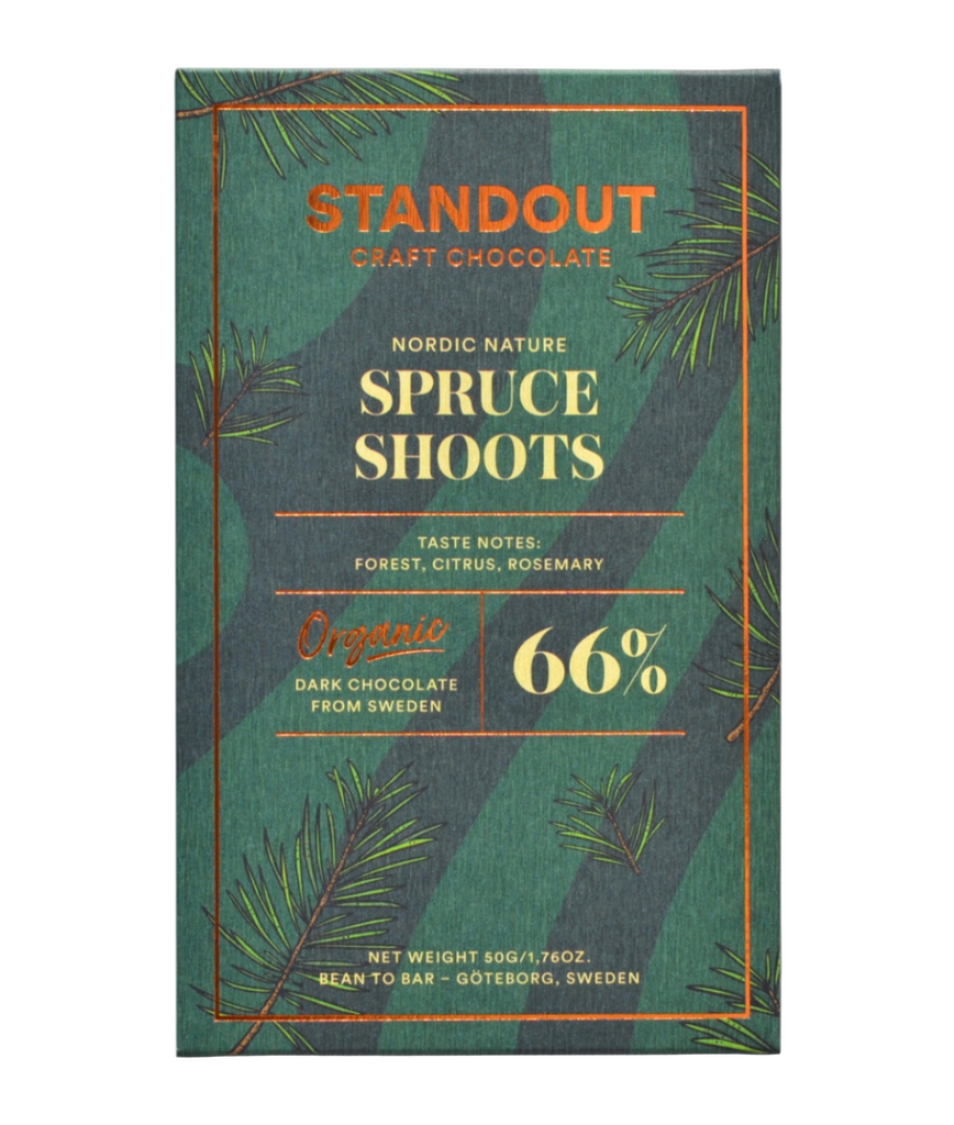 Standout chocolate spruce shoots bar packaging against a white background