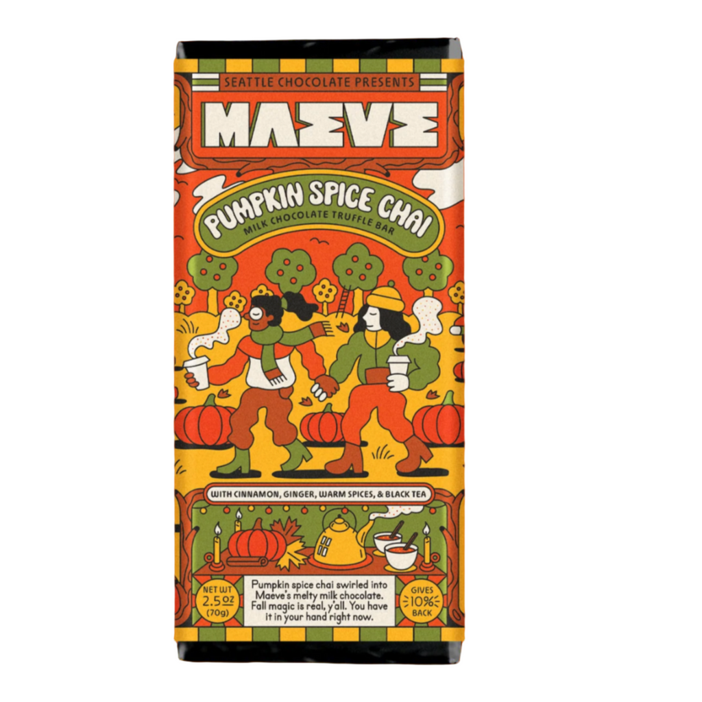 Pumpkin Spice Chai chocolate bar packaging with illustrations on a white  background