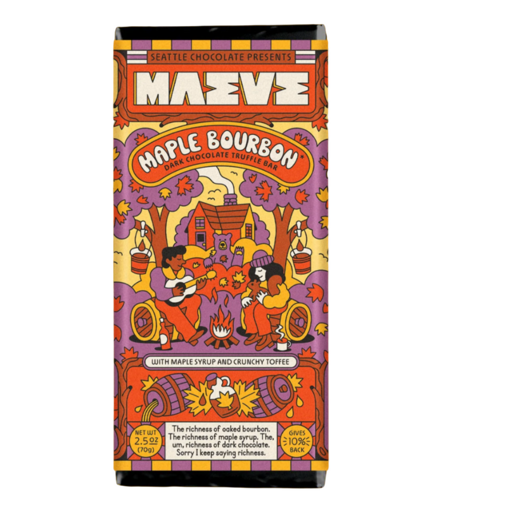 Maeve Maple Bourbon bar packaging with colorful design on a white background