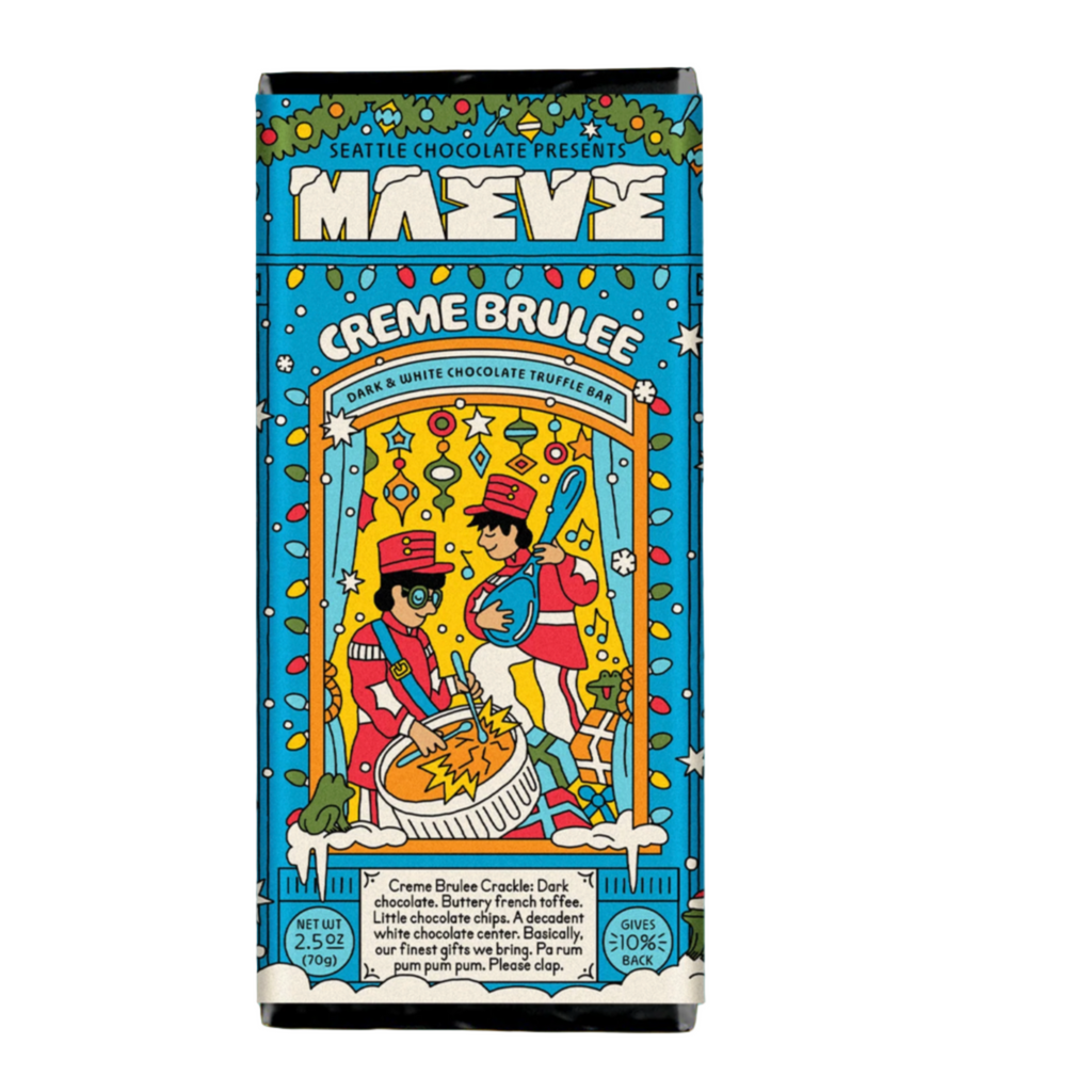 Maeve Creme Brulee Chocolate bar packaging with colorful design on a white background