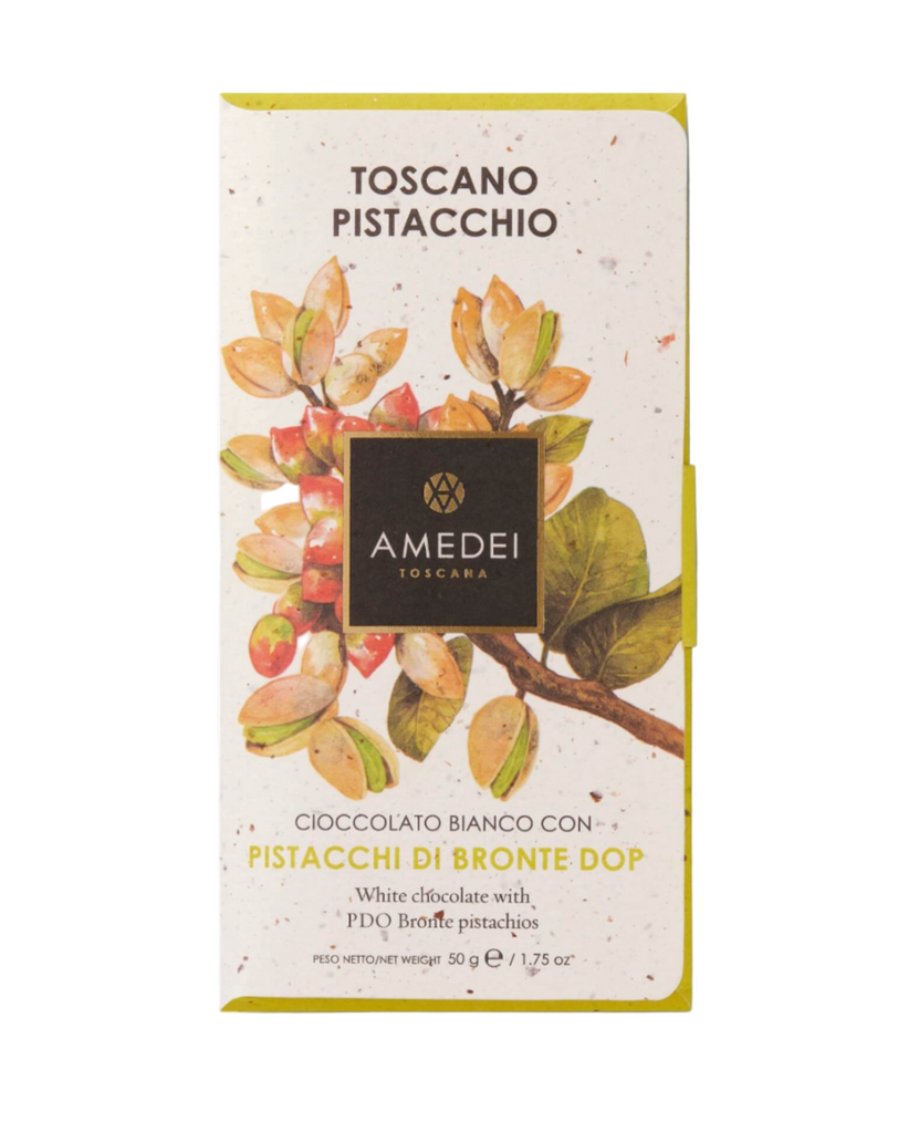 Amedei Toscano Pistacchio white chocolate packaging with pistachio illustration on a white background