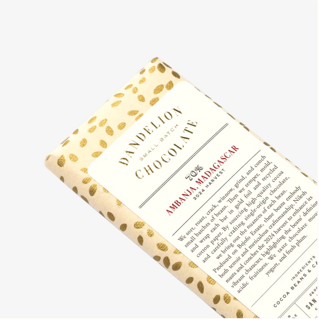 Ambanja, Madagascar 70% bar packaging against awhite background