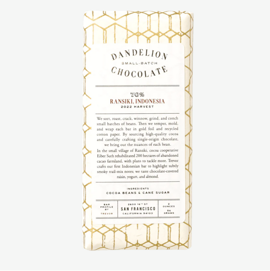 Dandelion Chocolate bar packaging with gold geometric design on a white background