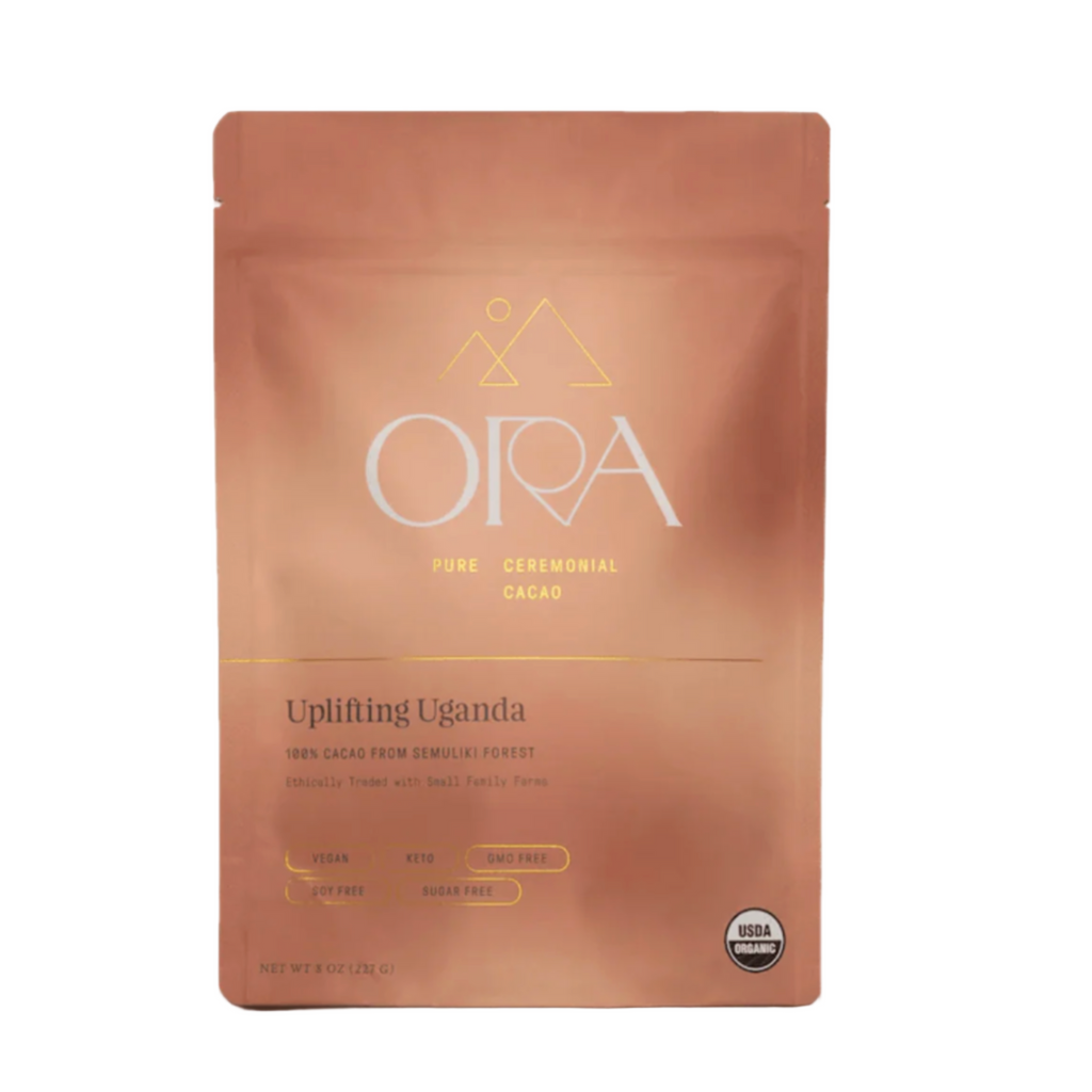 Ora Cacao Uplifting Uganda cacao packaging on a white background