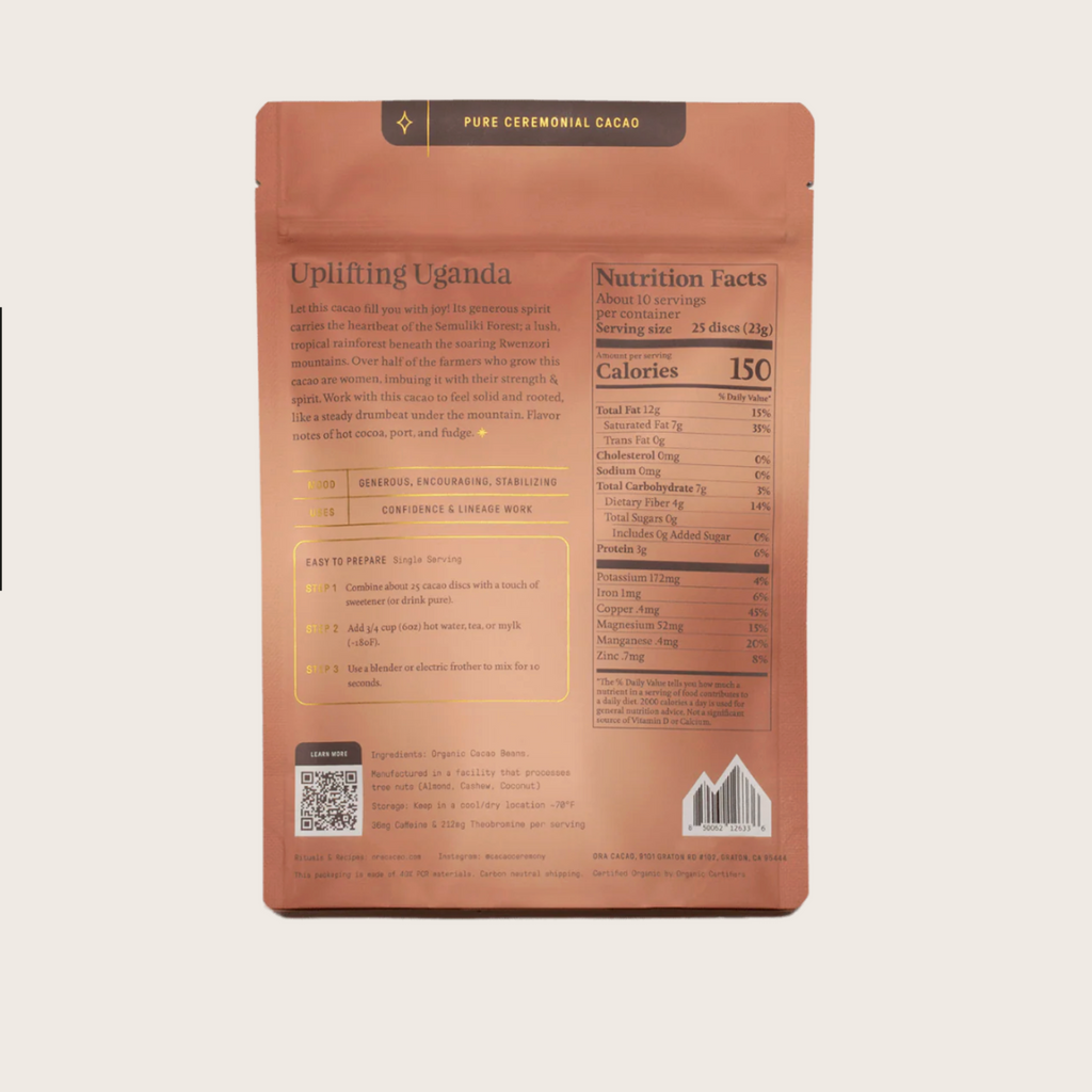 Back of Ora Cacao Uplifting Uganda cacao packaging with nutrition facts and ingredients on a white background
