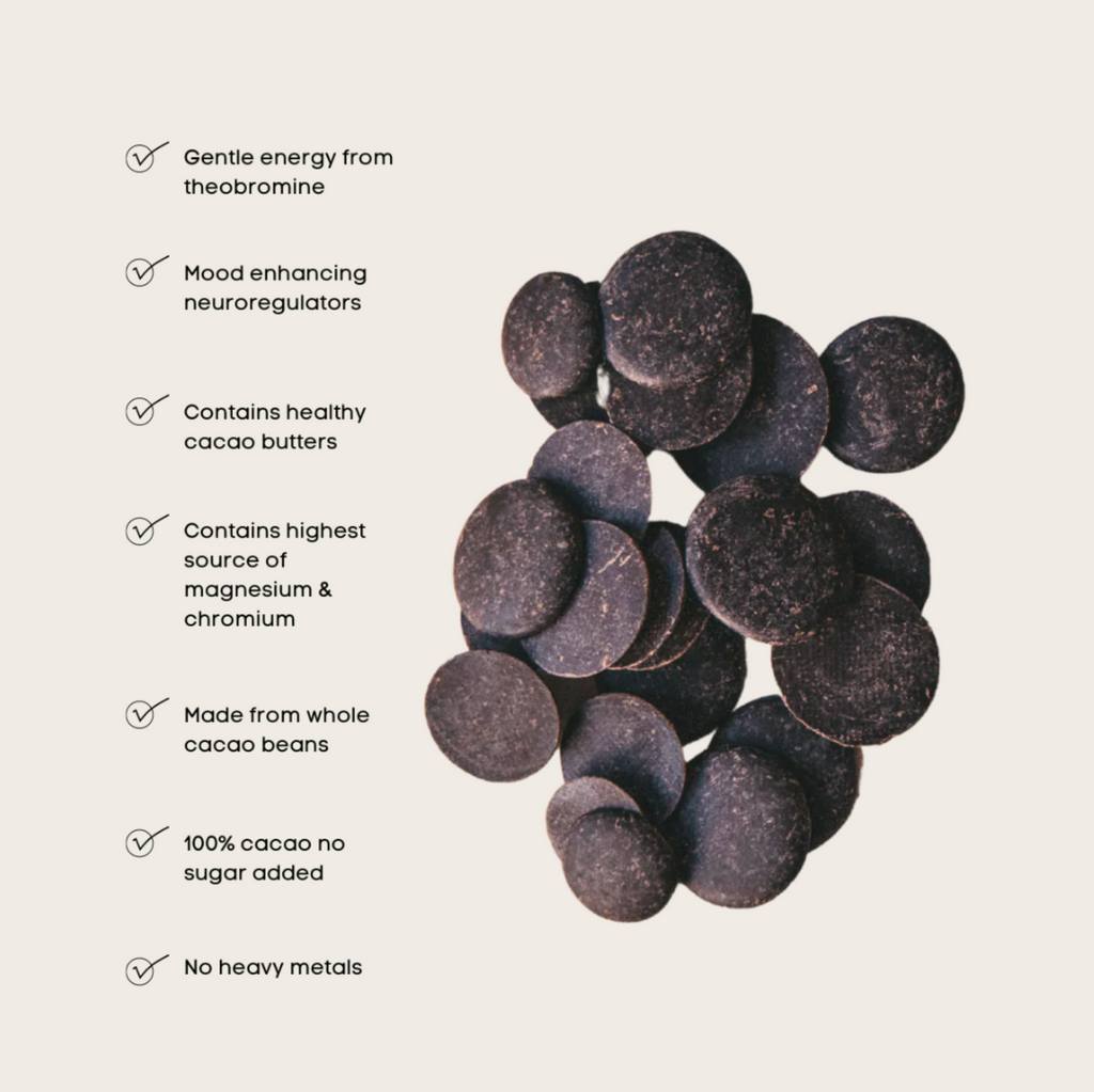 Dark chocolate buttons with health benefits listed on a light gray background