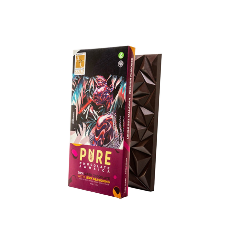 70% PURE Dark Chocolate with Jerk Seasoning pacjaging against a white background