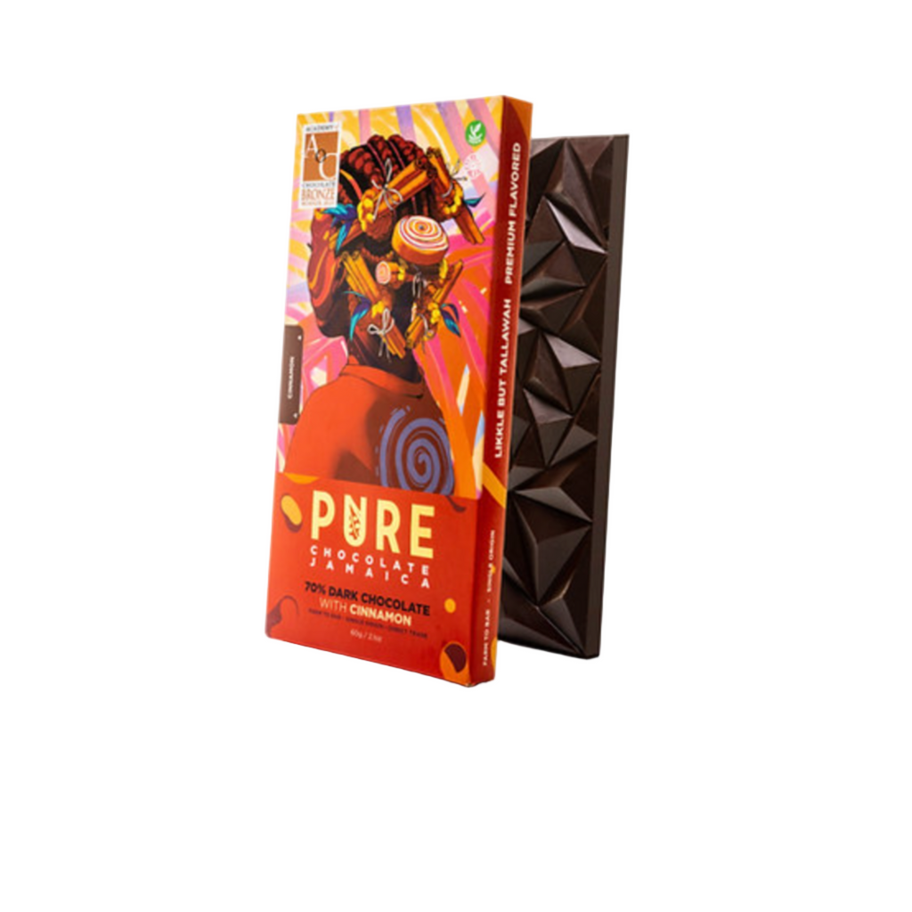 Pure Chocolate 70% dark cinnamon bar packaging with a white background