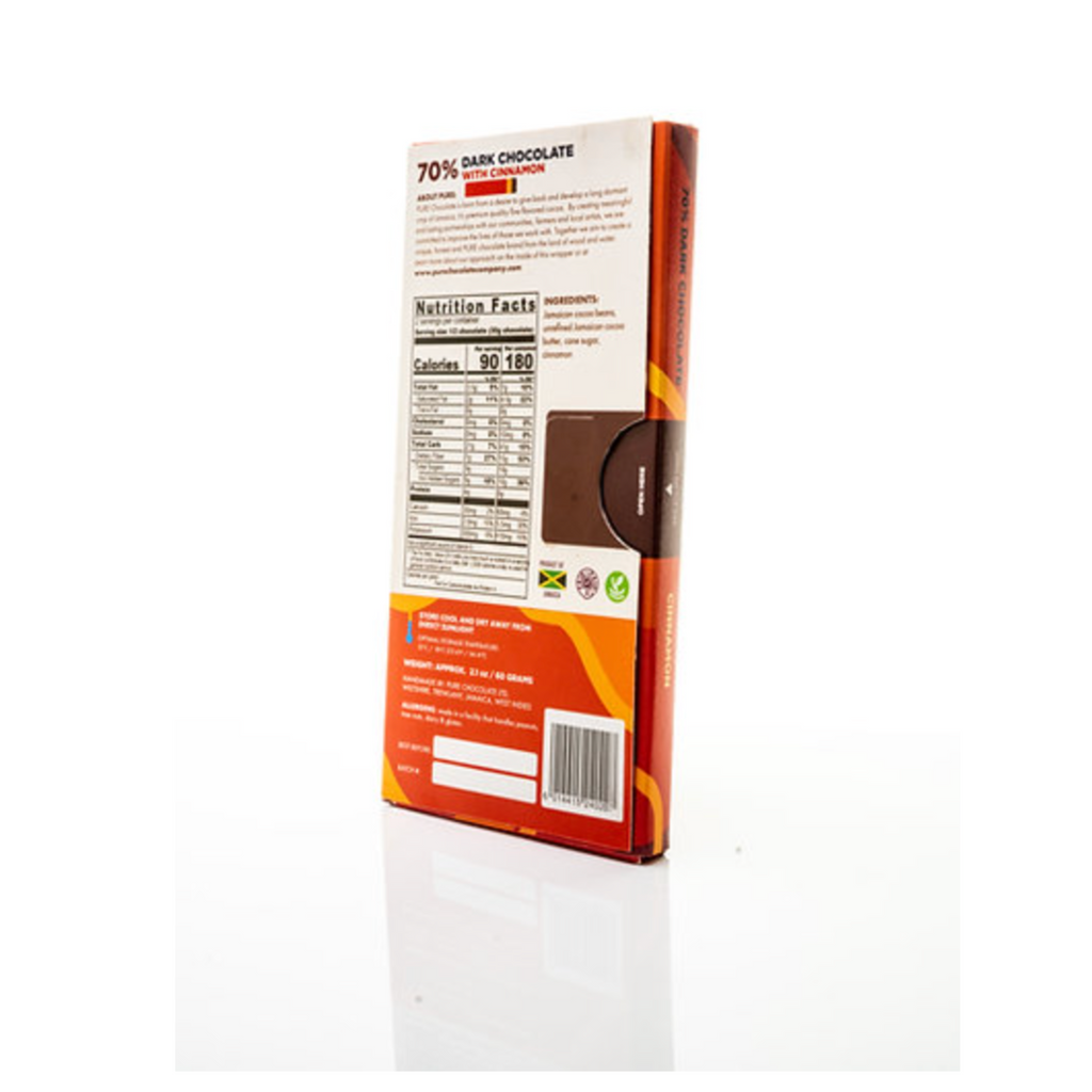 Back view of a Pure Chocolate 70% dark cinnamon chocolate bar packaging with nutritional information on a white background