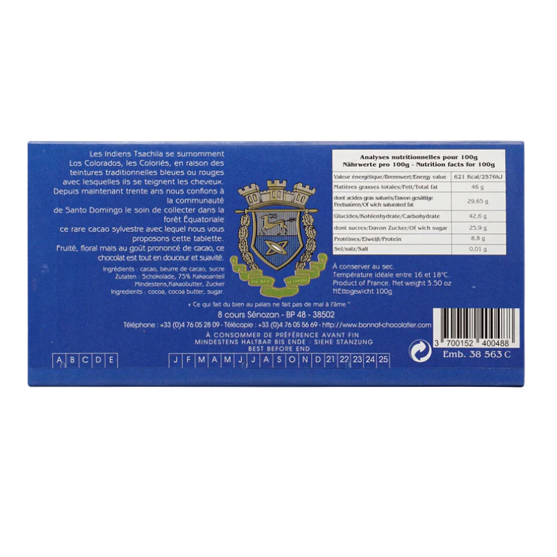Back of Bonnat Los Colorados, Ecuador 75% packaging with ingredients and nutrition information against a white background