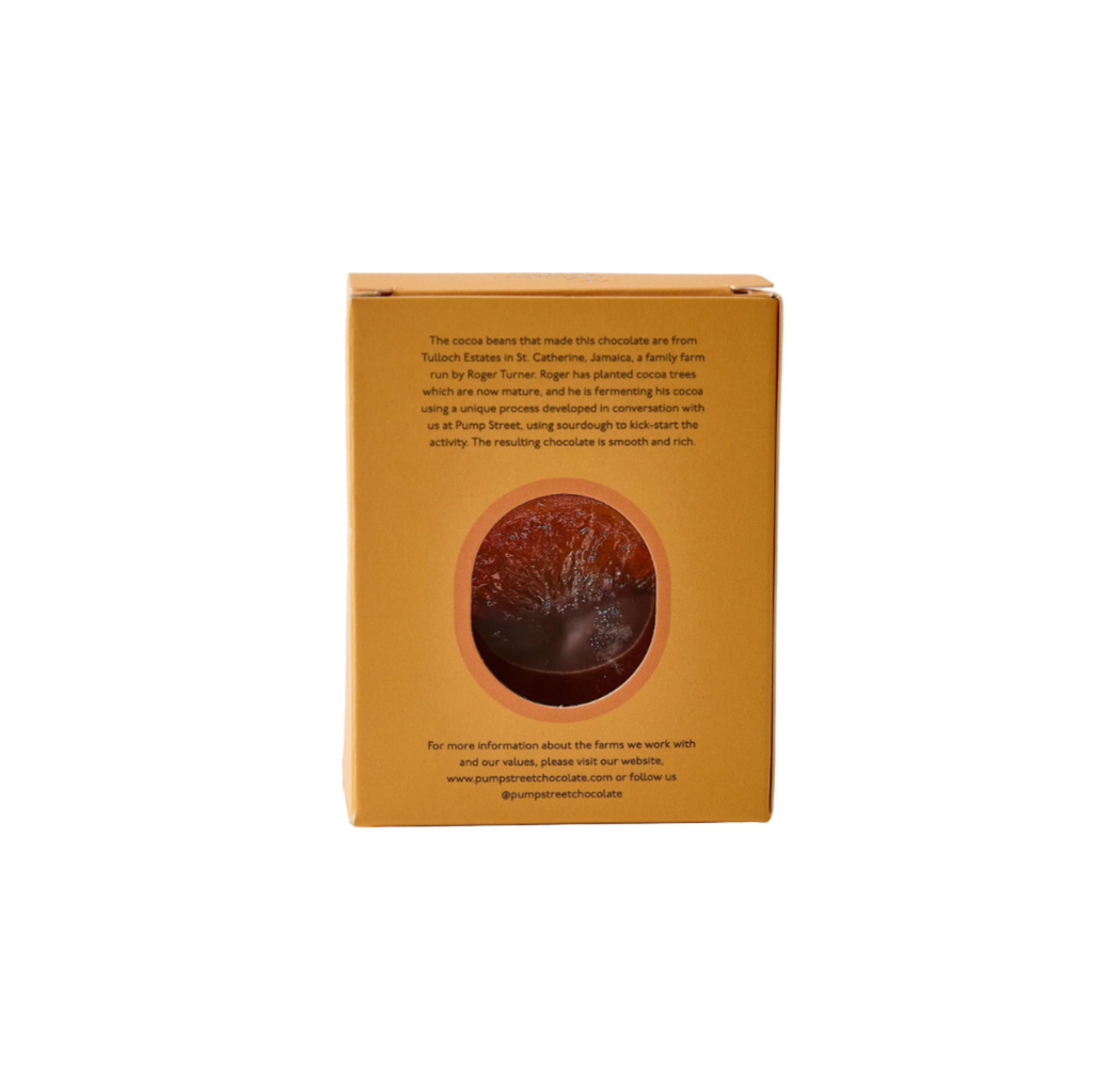 Pump Street chocolate covered oranges back of packaging with product information on a white background
