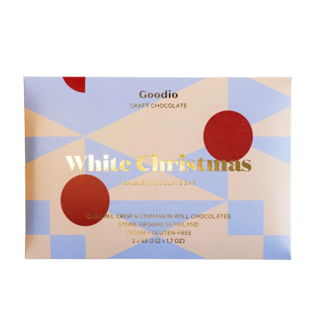 Goodio White Christmas double chocolate bar packaging against a white background