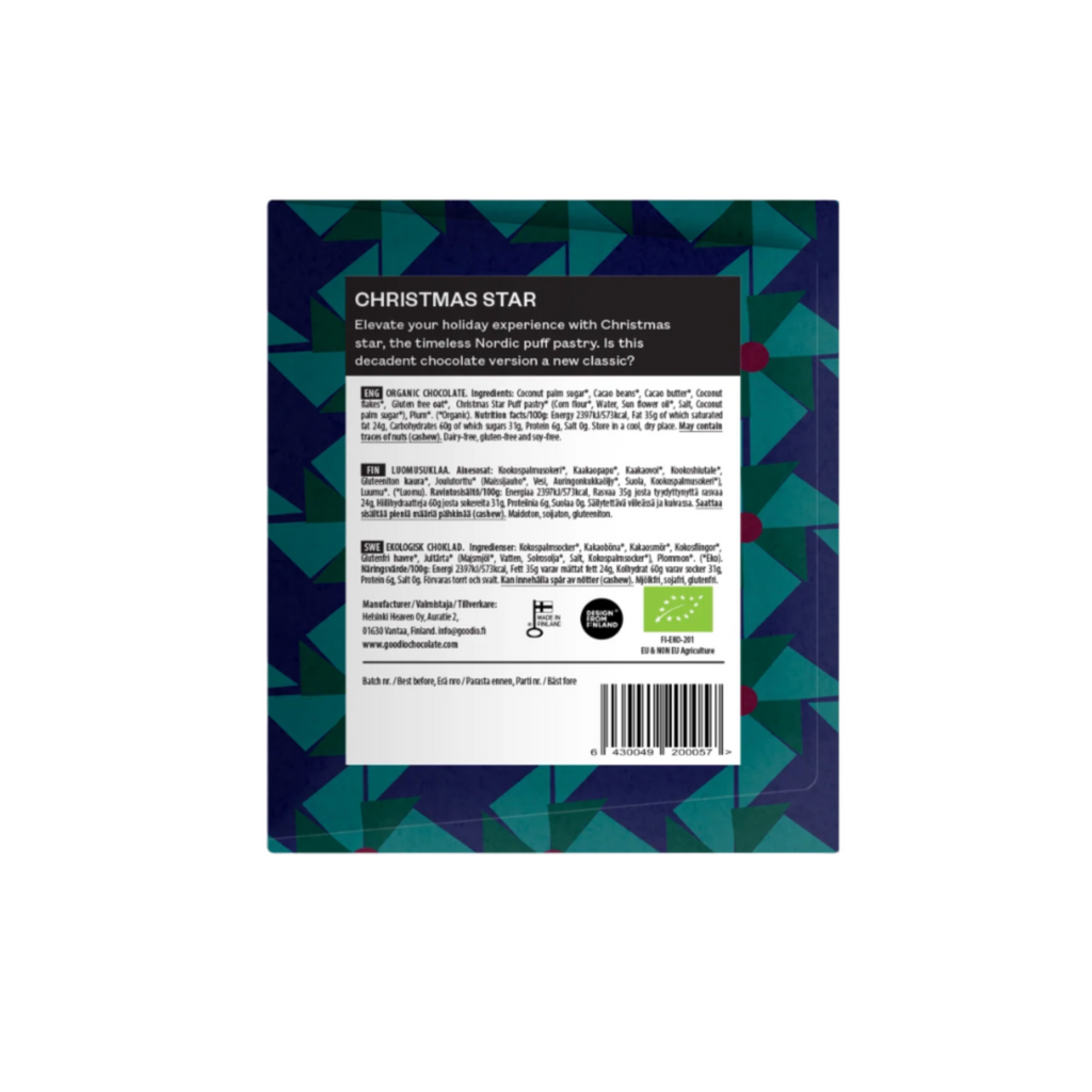 Back of goodio christmas star packaging with nutrition and ingredient information on a white background