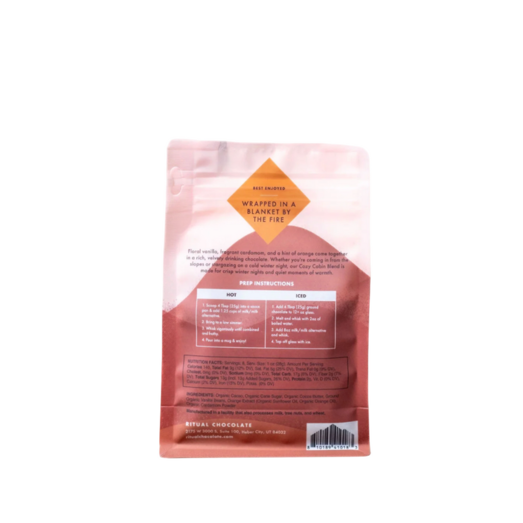 Back view of Ritual cozy cabin drinking chocolate packaging against a white background