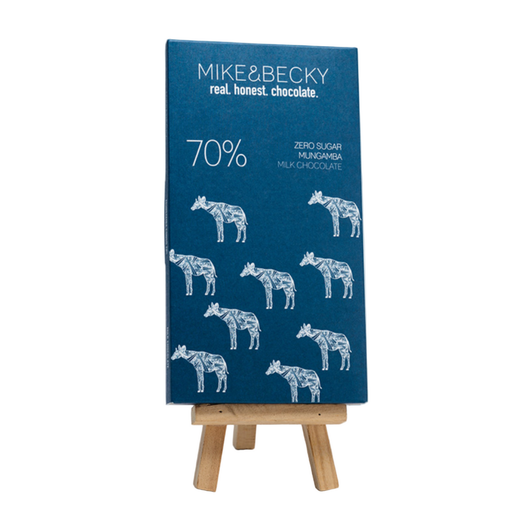 Mike and Becky zero sugar Chocolate bar packaging with hyena illustrations on a white background