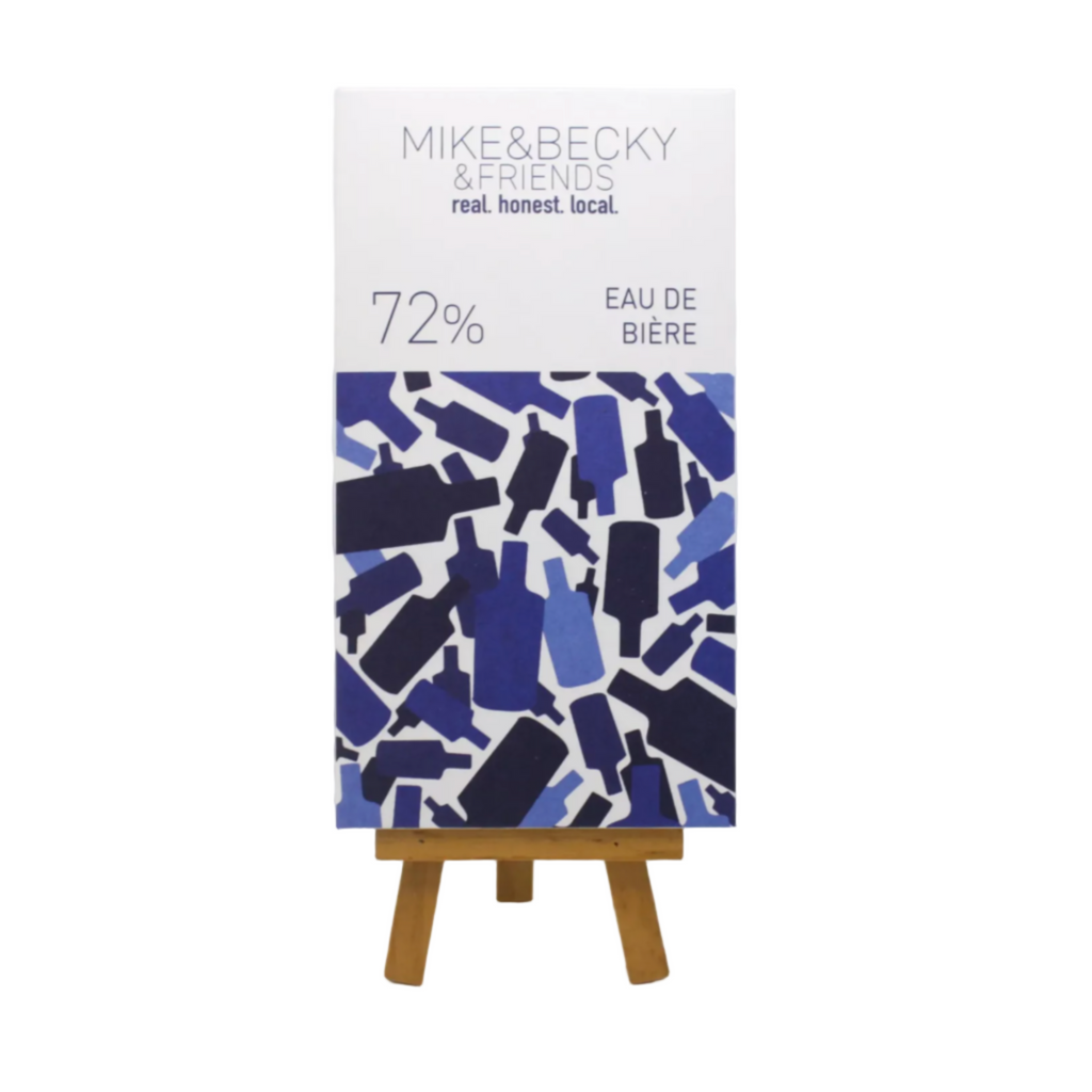 Mike and Becky Eau de biere chocolate bar packaging on a white background