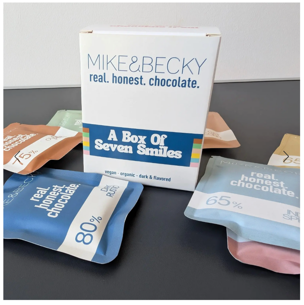 Mike and Becky Box of Seven Smiles chocolate  sampler packaging on a gray surface