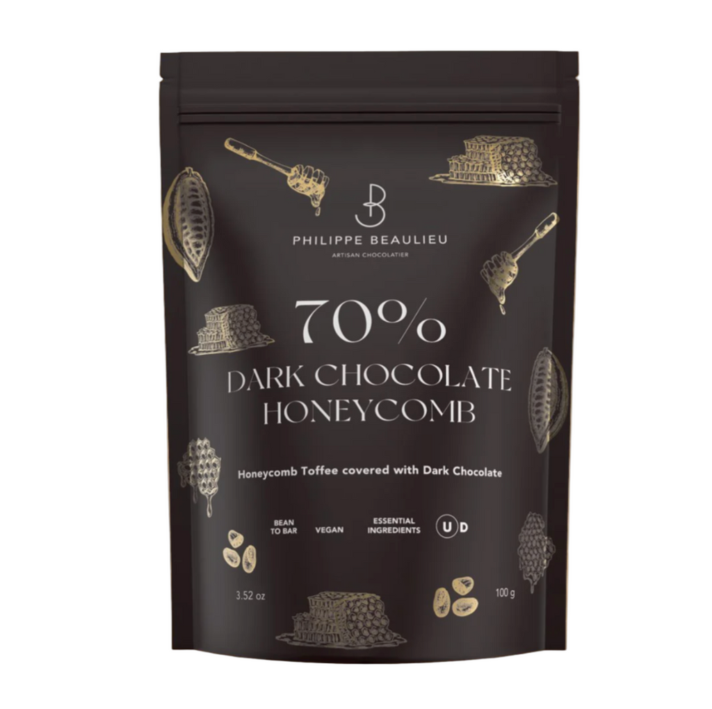 Phillipe Beaulieu Dark chocolate honeycomb packaging with brand logo on a white background