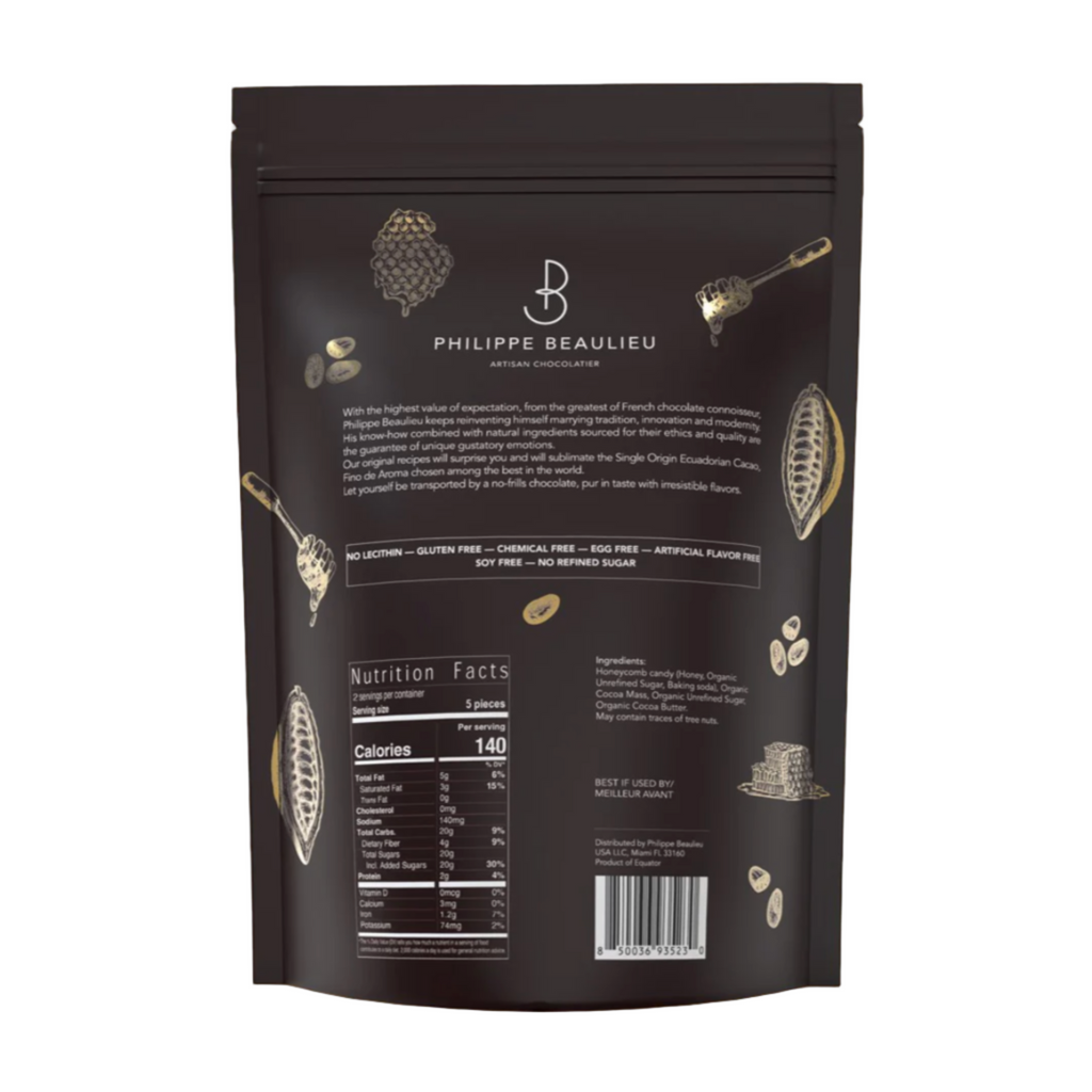 Phillipe Beaulieu Dark chocolate honeycomb packaging  with brand logo and nutritional information on a white background