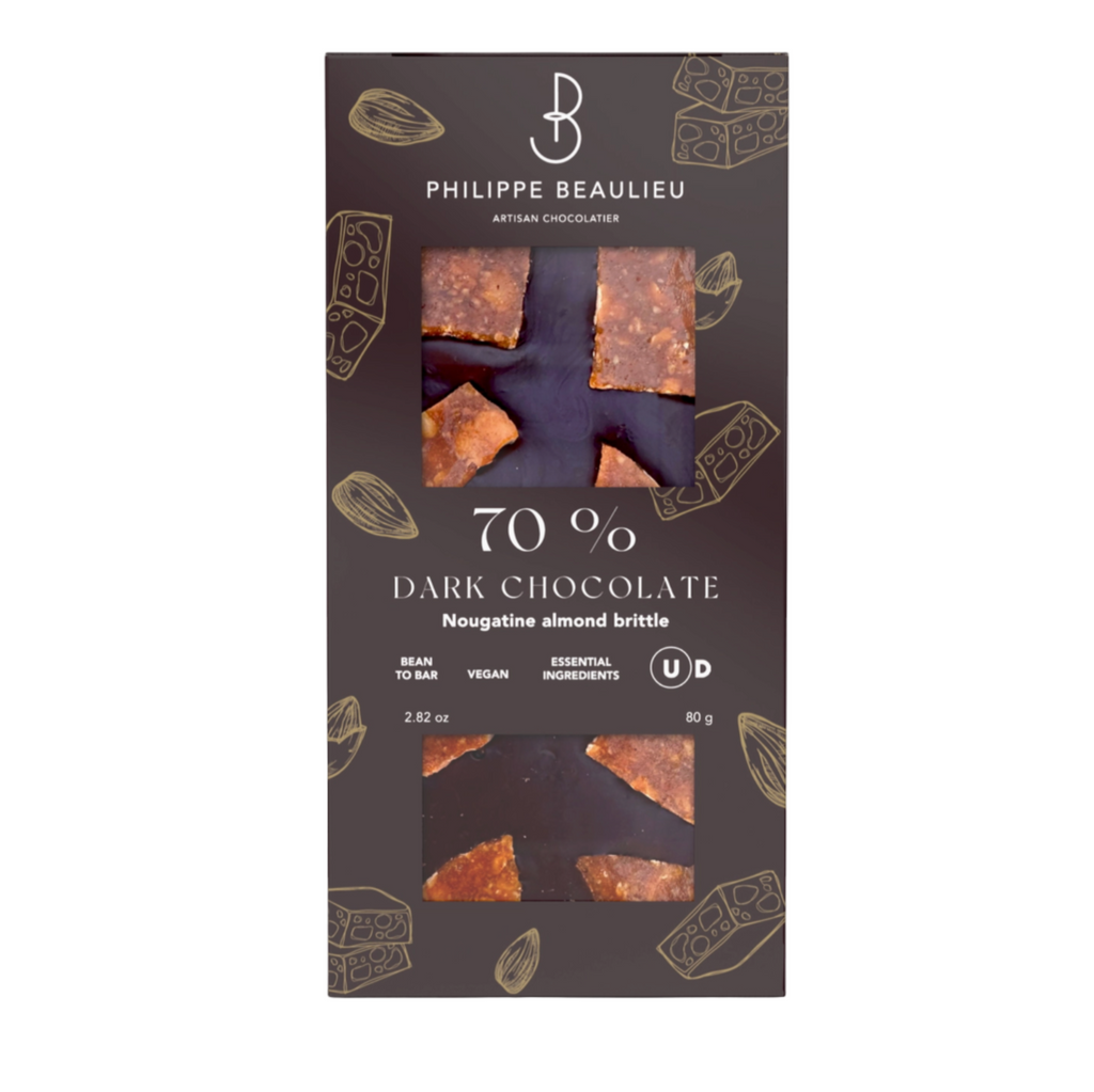 PHILLIPE BEAULIEU 70% DARK NOUGATINE ALMOND BRITTLE PACKAGING against a white background