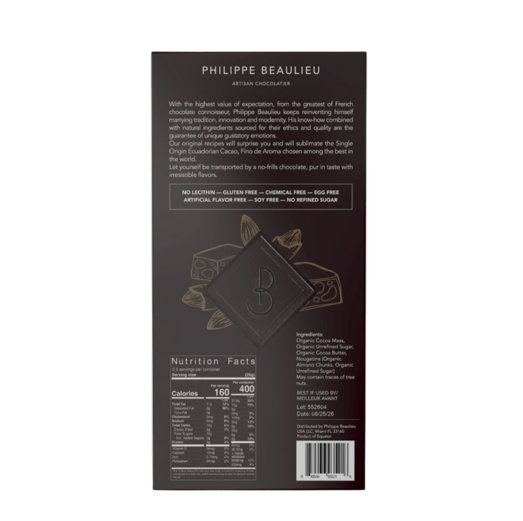 Back of PHILLIPE BEAULIEU 70% DARK NOUGATINE ALMOND BRITTLE PACKAGING against a white background