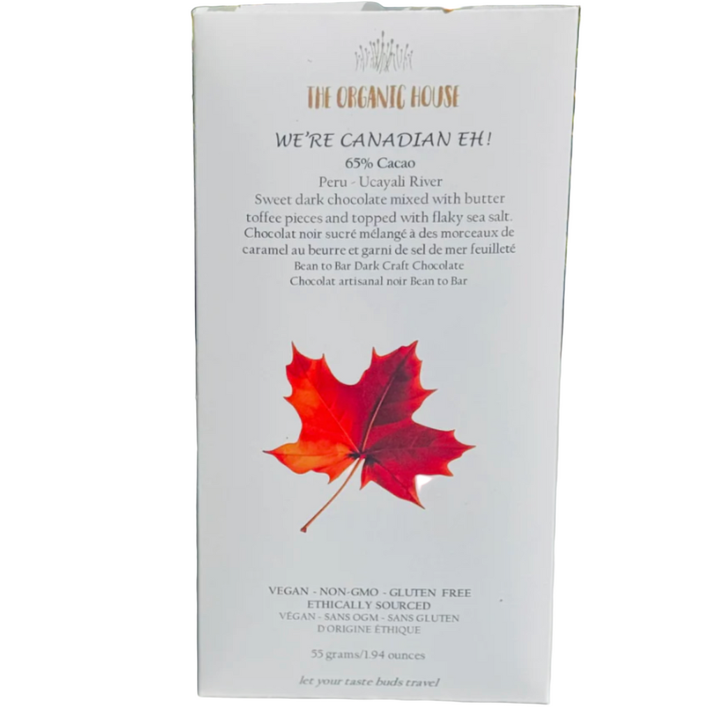 The Organic House we're canadian Dark chocolate bar with a leaf design on packaging and a bar against a white background